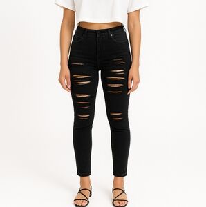 AGOLDE Sz 25 Black High Rise Skinny Jeans Ripped Stretch Denim Distressed Grunge